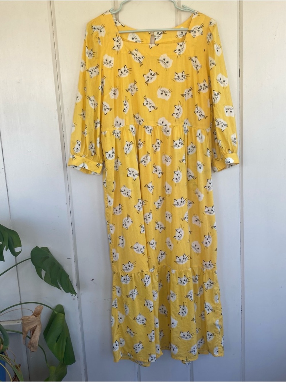 Joanie Yellow Midi Dress with Cat Print, 3/4 sleeves, & pockets!